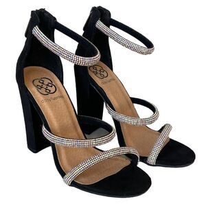 Daisy Fuentes Strap Heels Womens Size 6M‎ Black Faux Suede Rava Rhinestone Event